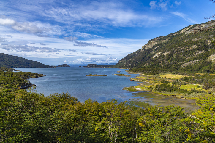 Landscape of the Bay Lapataia, one of the tourist attractions of the National Park Tierra del Fuego, in the city of Ushuaia, region of Patagonia, Argentina