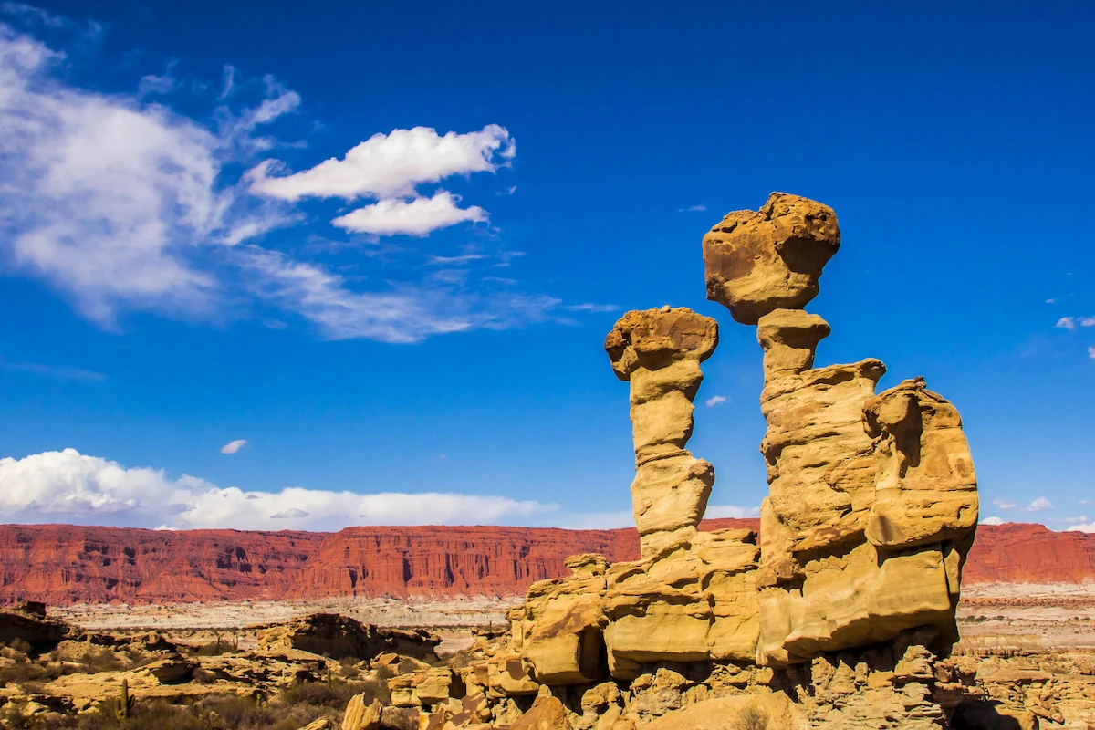 Unieke, door wind geërodeerde zandsteenformaties in Ischigualasto (Valle de la Luna) met rode kliffen op de achtergrond onder een blauwe lucht.