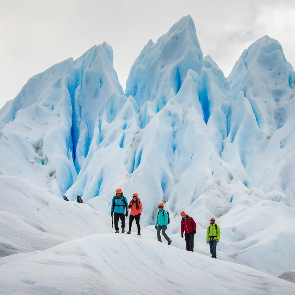 Groep wandelaars met stijgijzers die over de diepblauwe ijsspleten van de Perito Moreno gletsjer lopen.