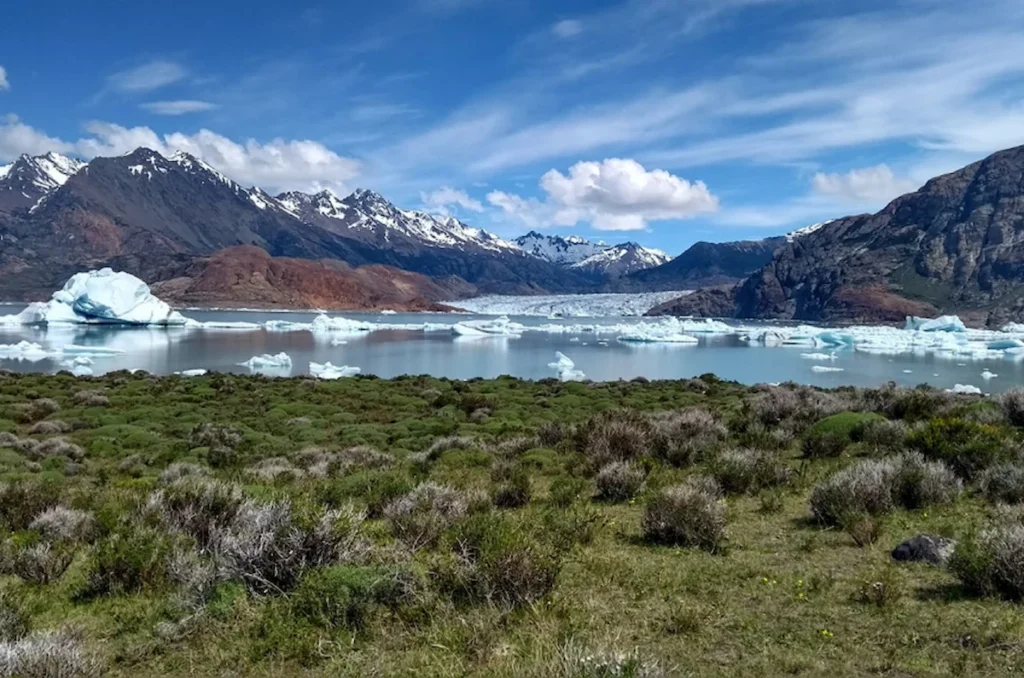 Drijvende ijsbergen in het Lago Viedma met de Viedma gletsjer op de achtergrond nabij El Chalten, Patagonië.